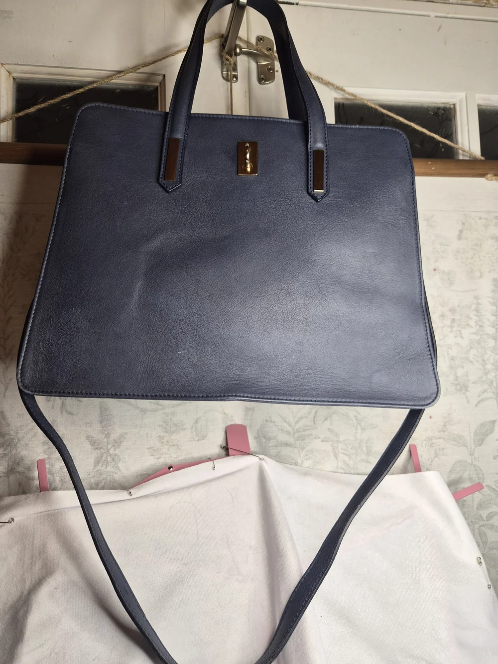 Italian Vera Pelle Genuine Leather Navy Satchel Tote Purse Gold Hardware